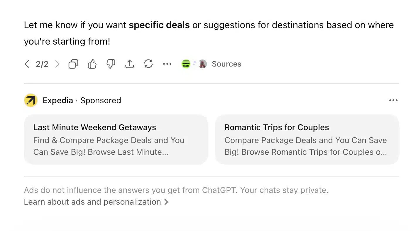 Live ChatGPT sponsored ad example shown below a response, clearly labeled Sponsored