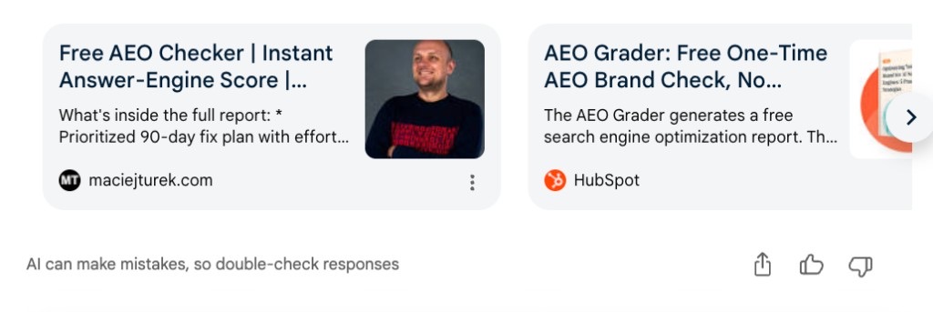 Google AI Overview source cards showing the Free AEO Checker on maciejturek.com next to HubSpot