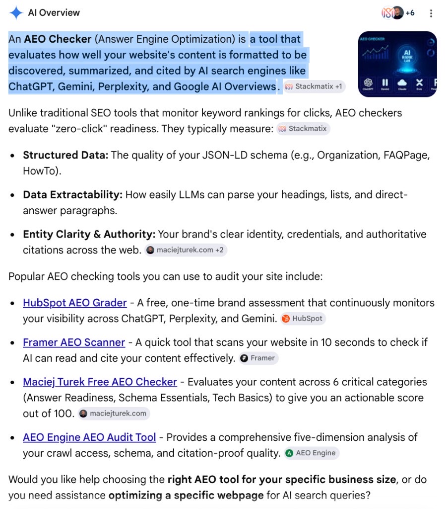 Google AI Overview citing the Free AEO Checker on maciejturek.com in an AEO tools answer