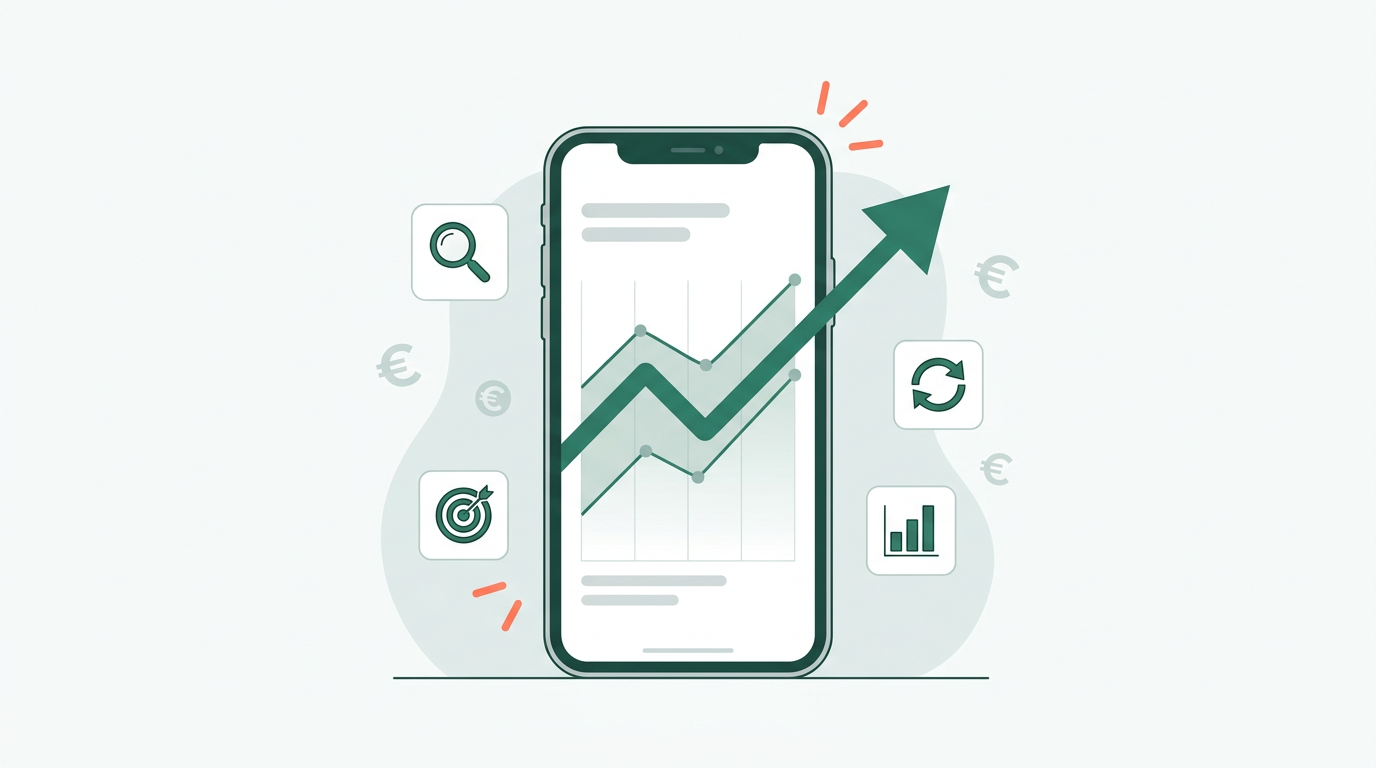 Smartphone with upward growth chart surrounded by app store optimization, targeting, retention, and analytics icons with euro symbols — representing a mobile app growth strategy