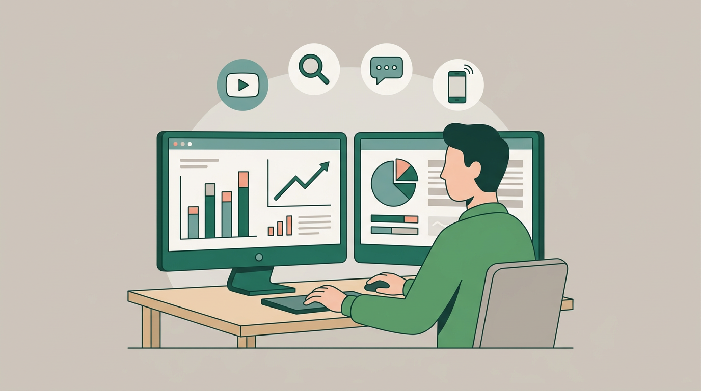 Growth operator at dual monitors managing UA dashboards across multiple ad platforms including search, social, video, and mobile channels