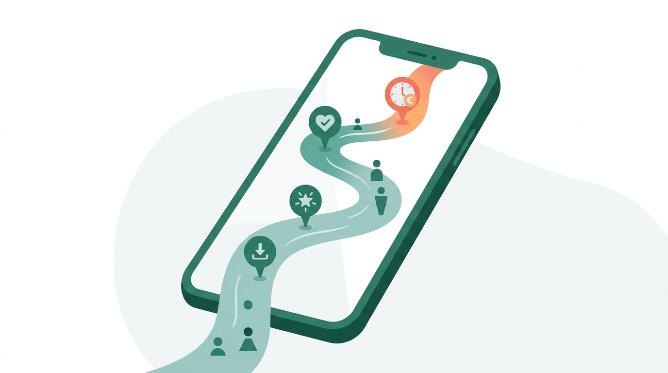 Smartphone showing the user retention journey as a winding path with four milestones: install, first value moment, habit formation, and CAC payback