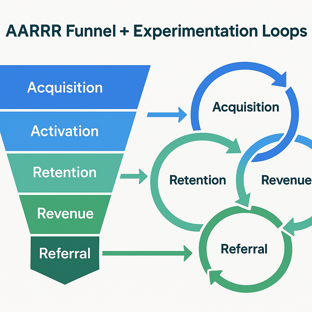 Diagram showing AARRR funnel stages (Acquisition, Activation, Retention, Revenue, Referral) with continuous experimentation loops for each stage