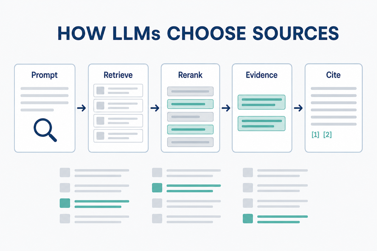How LLMs choose sources: prompt, retrieve, rerank, evidence, and cite pipeline